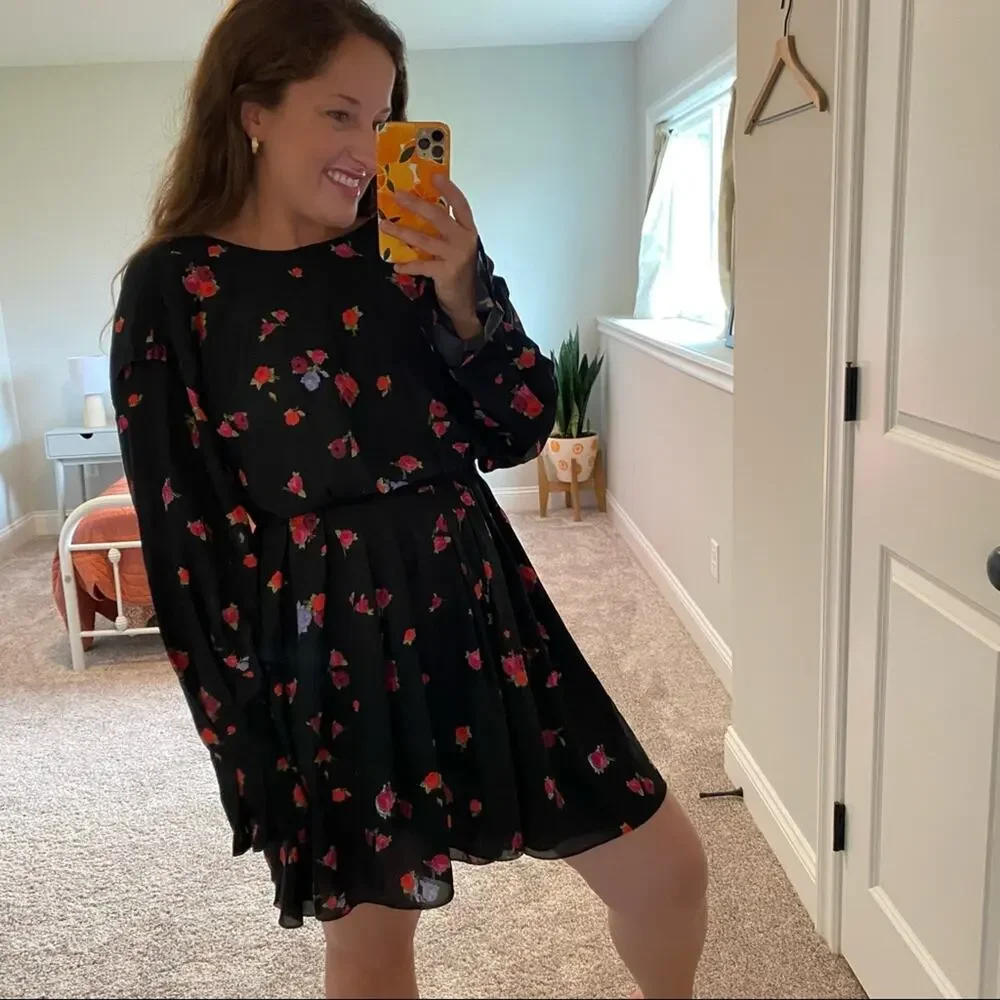 JASON WU Black Rose Floral Long Sleeve Mini Dress 10